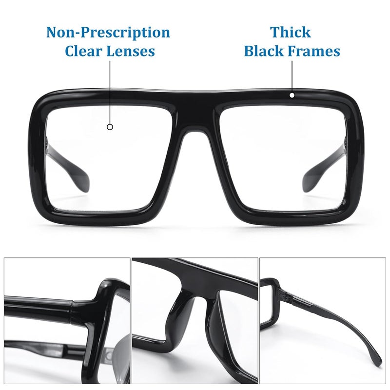 ERDOGLY Black Oversized Thick Glasses, Shiny Square Frame Nerd Glasses Costume Old Man Cosplay Accessories for Women Men Adults, Fake Glasses Clear Lens Eyeglasses for Halloween Vector Costume - Image 2